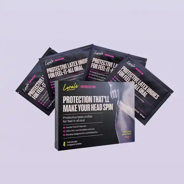 1 box of Lorals with 4 pouches displayed on a purple background — latex underwear approved as an oral sex barrier and alternative to dental dams
