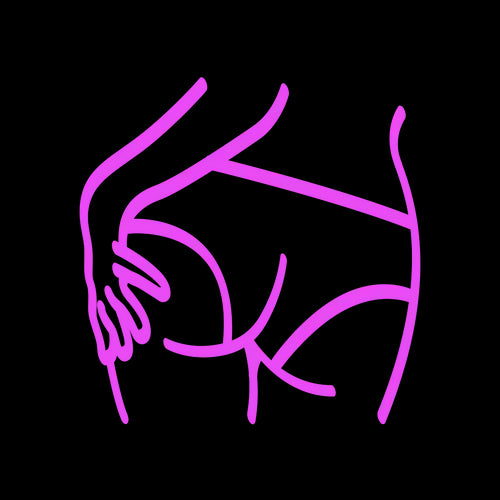 Illustration of a person’s hand on their butt, labeled “Hit the Rim” — representing Lorals’ full-coverage latex underwear designed for rimming and analingus protection and pleasure