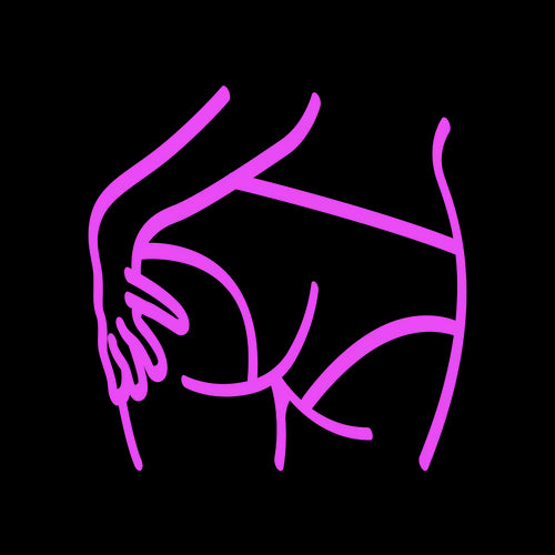 Line art of a person’s backside with hand on butt, highlighting full-coverage Lorals panties that enable rimming and oral fun.