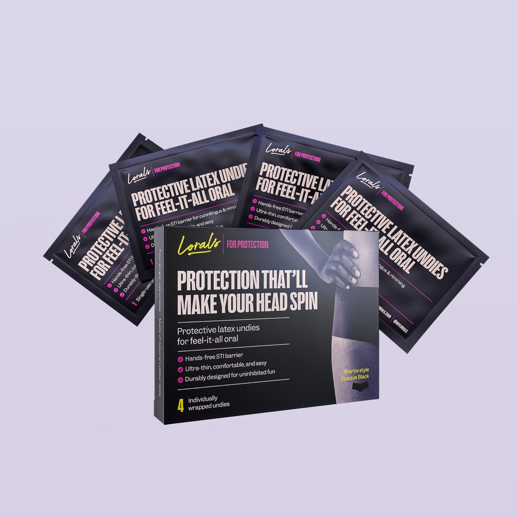 Box and four single-use pouches of Lorals for Protection STI Prevention Undies in Black