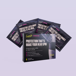 Box and four single-use pouches of Lorals for Protection STI Prevention Undies in Black