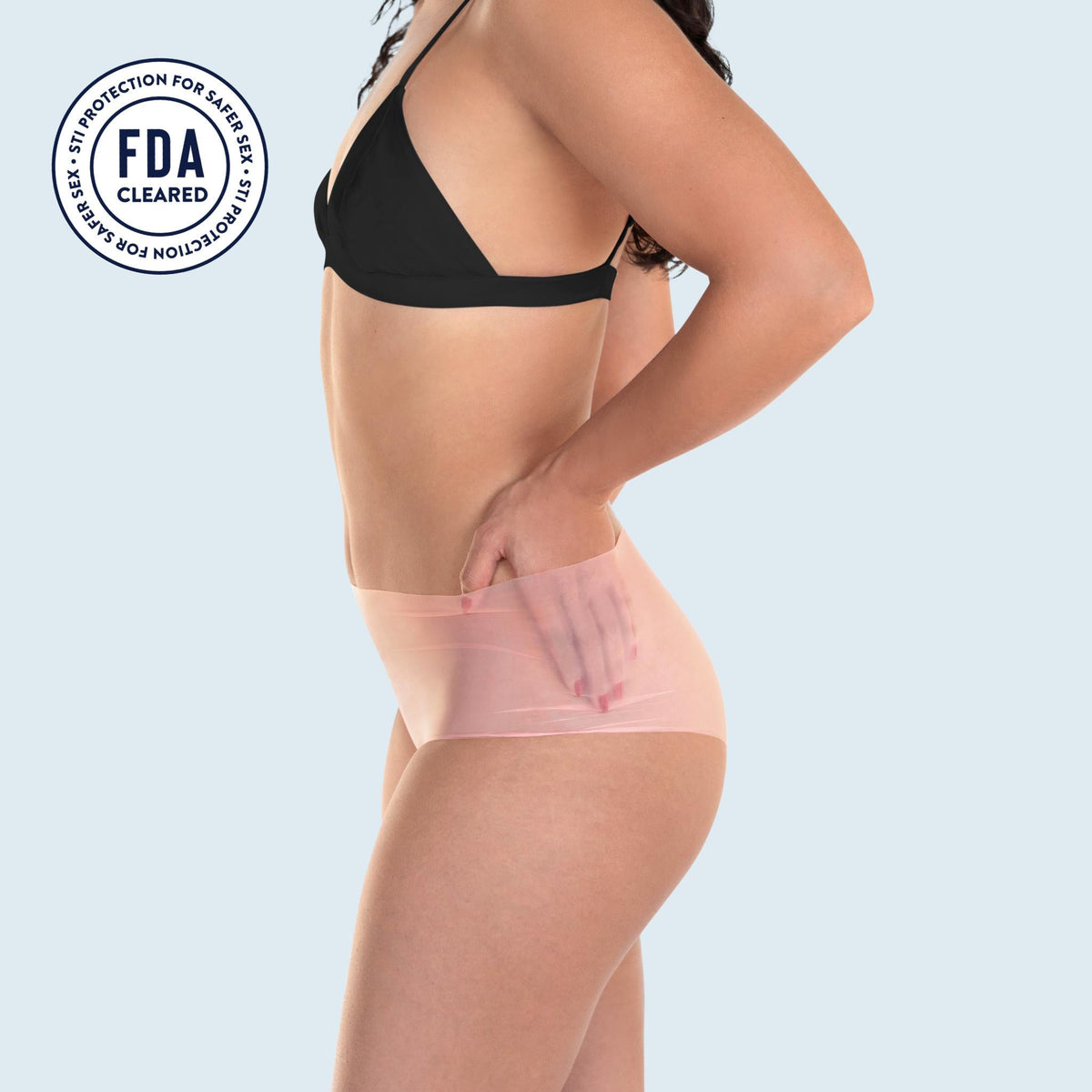 Lorals model Ahyoka demonstrates the profile view and transparent material of STI Protection Undies in Sheer Peach Shortie Style