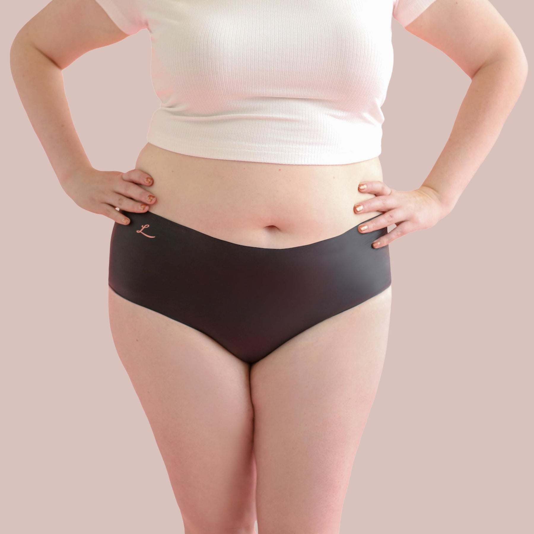 Lorals model Amanda demonstrates the front view of Pleasure Undies in Black Shorties