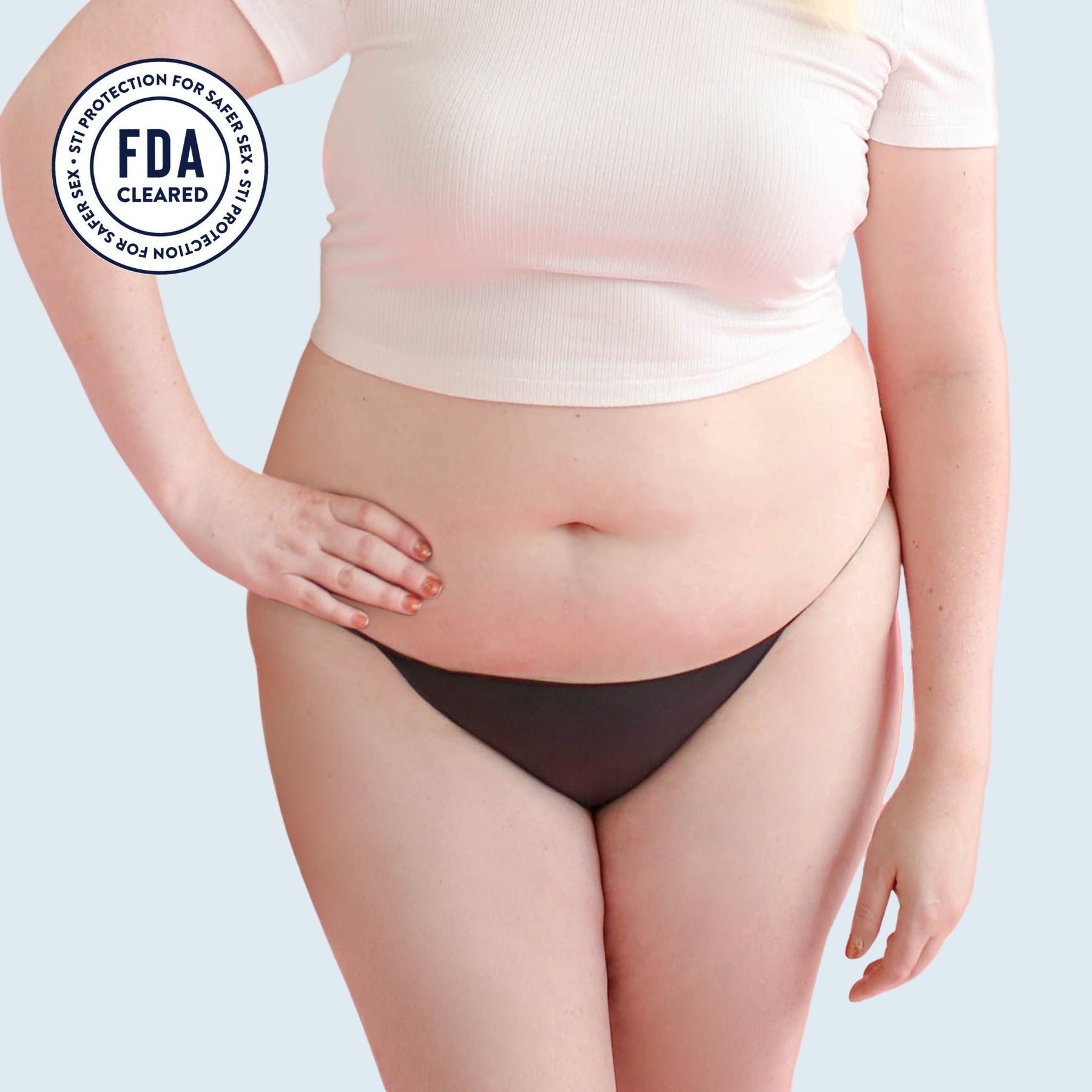 The front side of a woman wearing Lorals for STI Protection Bikini panties |Bikini